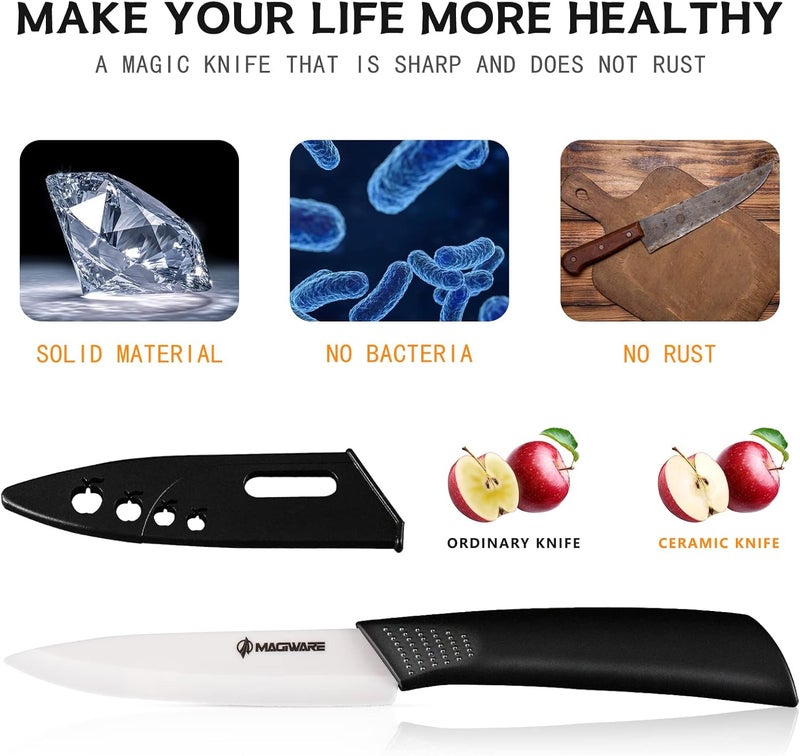 Magiware Paring Knife, Classic 4 inch Ceramic Paring Knife with Sheath Cover, Fruit and Vegetable knife,Longer Sharp Rust Proof Stain Resistant - Image 2